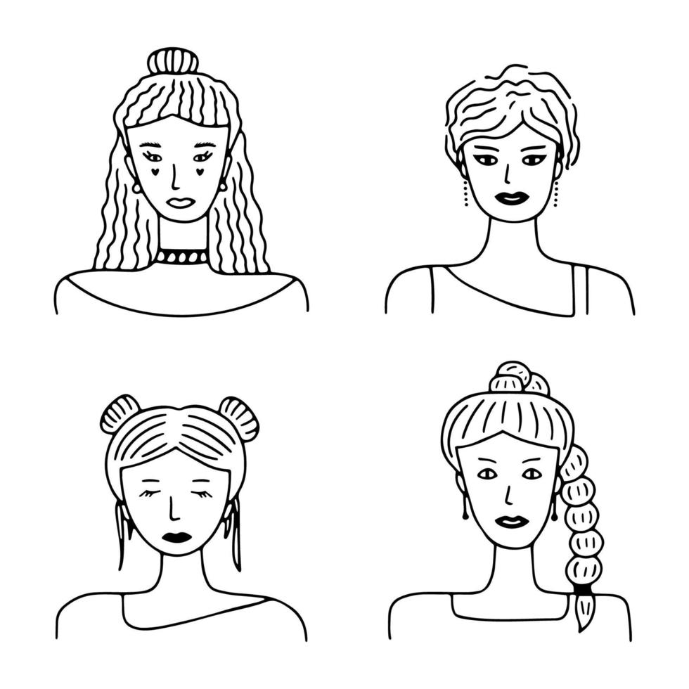 Set of women avatars for social media, website. Doodle portraits fashionable girls. Trendy hand drawn icons collection. Black and white vector illustration