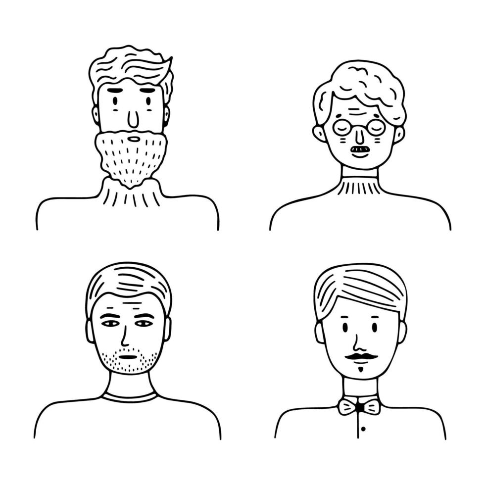 Set of men avatars for social media, website. Doodle portraits fashionable guys. Trendy hand drawn icons collection. Black and white vector illustration