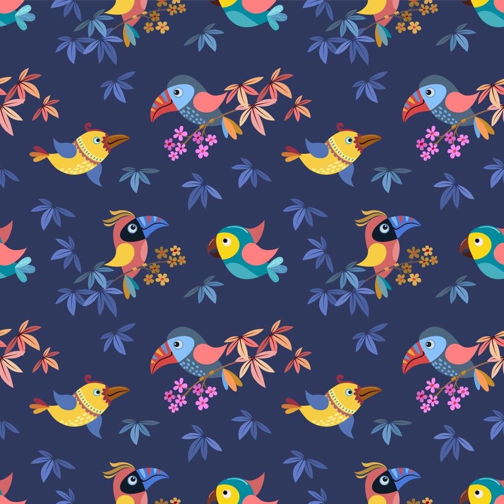 Cute colorful cartoon bird on branch with flowers pattern. vector