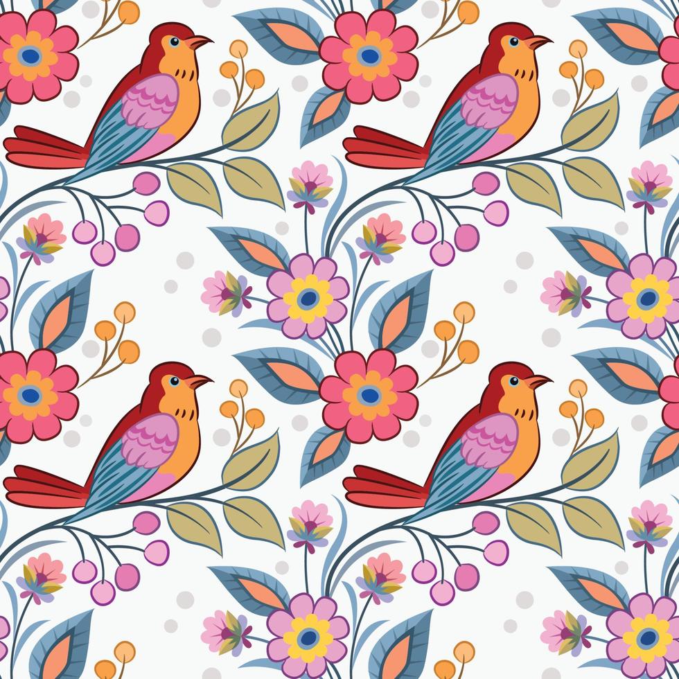 Cute red bird on branch with flowers seamless pattern. vector