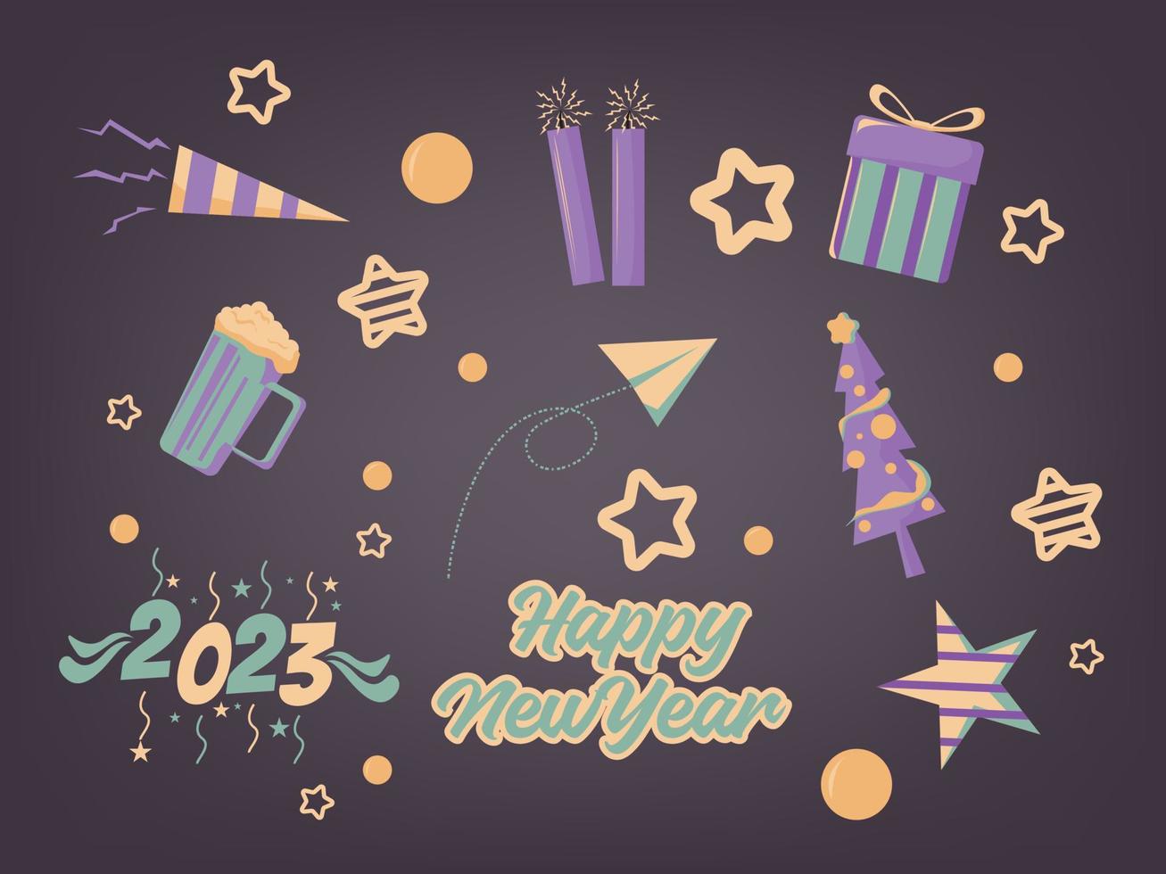 new year ornaments, suitable for design decoration. vector of trumpet , ball, Christmas tree, gift box, beer, dynamite, stars.