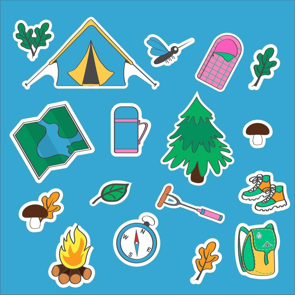 Camping Hiking Stickers. Vector Illustration Flat Style.