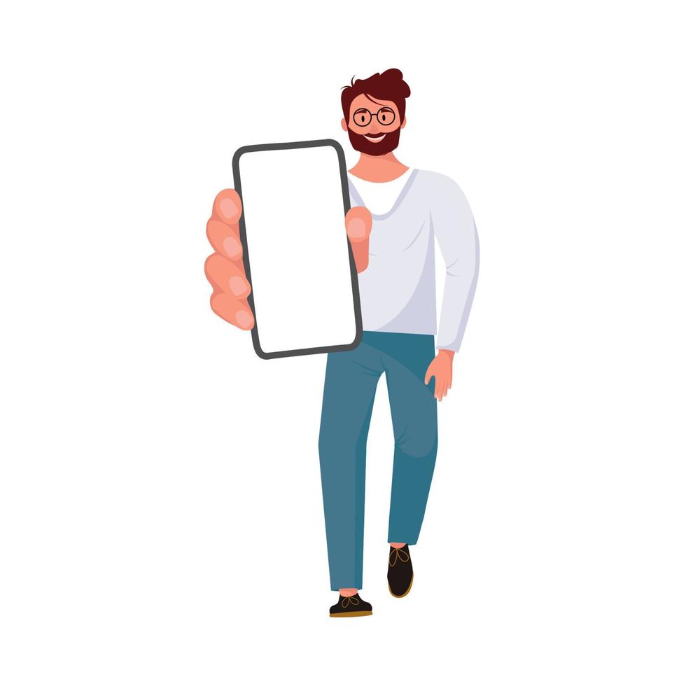 Happy man with huge smartphone. Mobile app advertisement. vector
