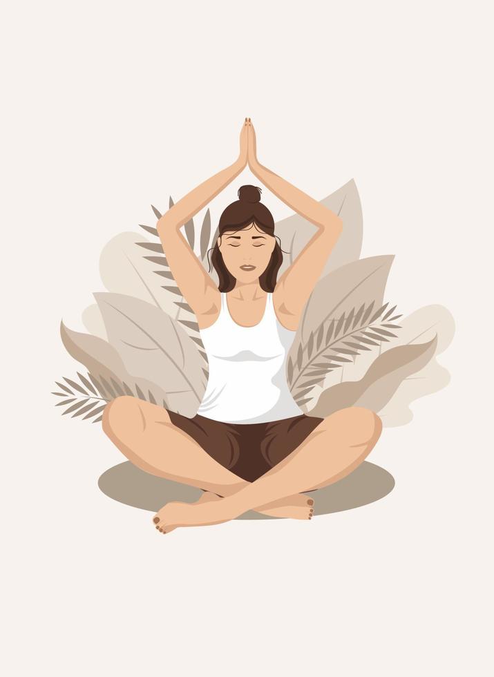 mujer joven sentada en posición de loto practicando meditación. ilustración conceptual para meditación, yoga, estilo de vida saludable, relajación, tranquilidad. vector