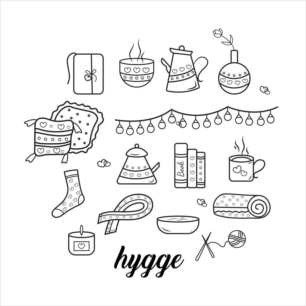 cómodo icono de juego de colores hygge, pegatina, garabato dibujado a mano, hogar acogedor, plantas en macetas y jarrones, calcetines, almohada, diario, velas de libros, tazas, tetera, elemento vectorial único para el diseño vector