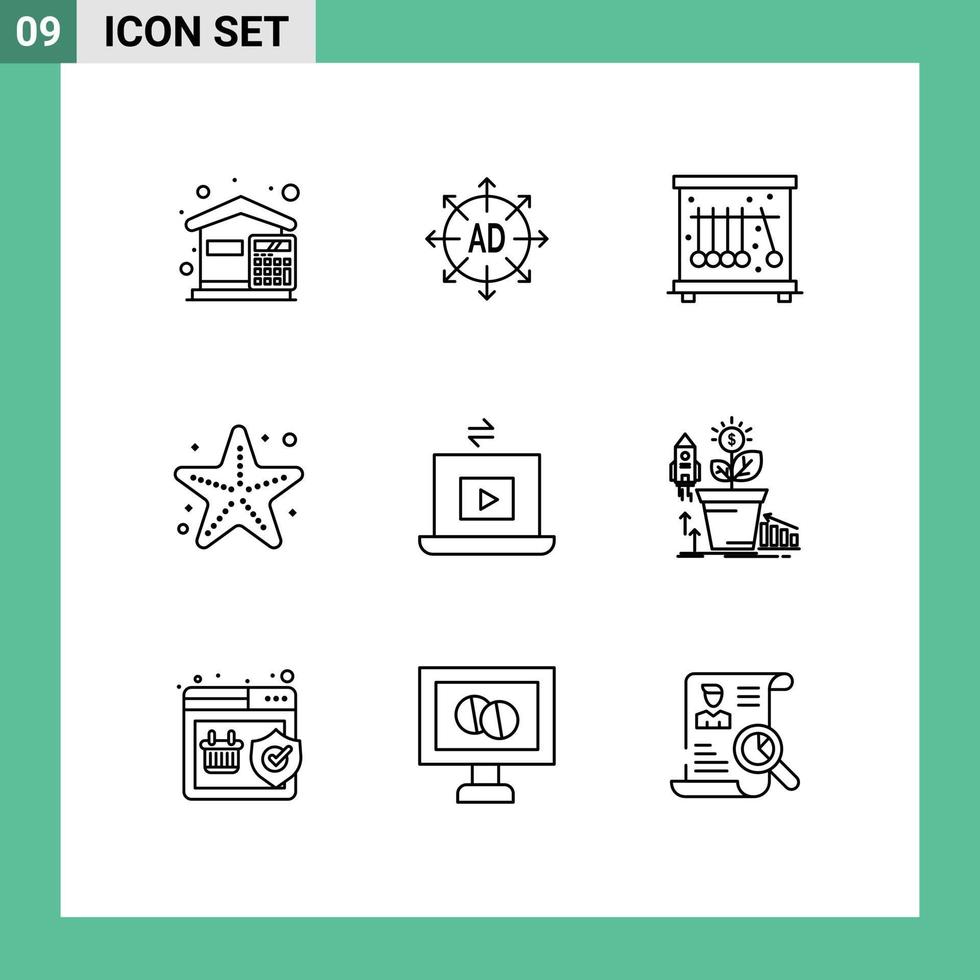 Set of 9 Modern UI Icons Symbols Signs for video starfish ad star beach Editable Vector Design Elements