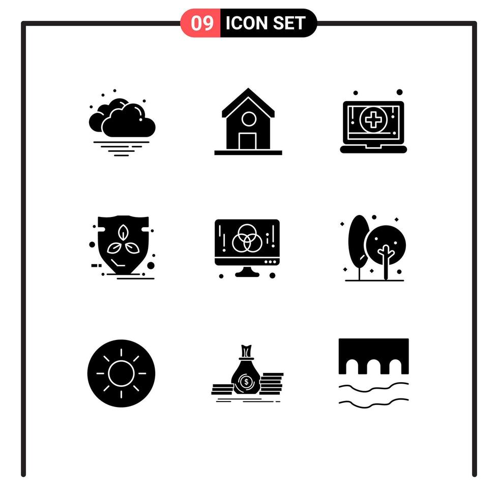 9 Thematic Vector Solid Glyphs and Editable Symbols of development computer laptop shield energy Editable Vector Design Elements