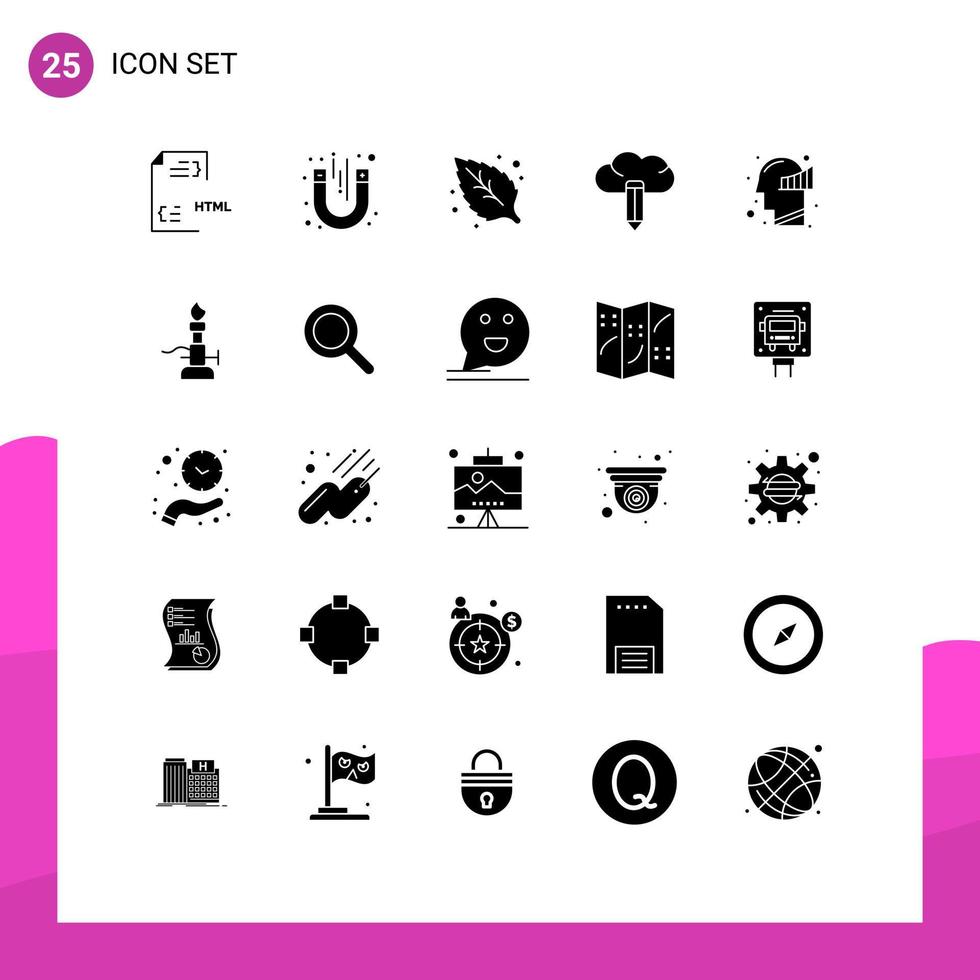 Group of 25 Modern Solid Glyphs Set for mind chart magnetic pencil cloud Editable Vector Design Elements