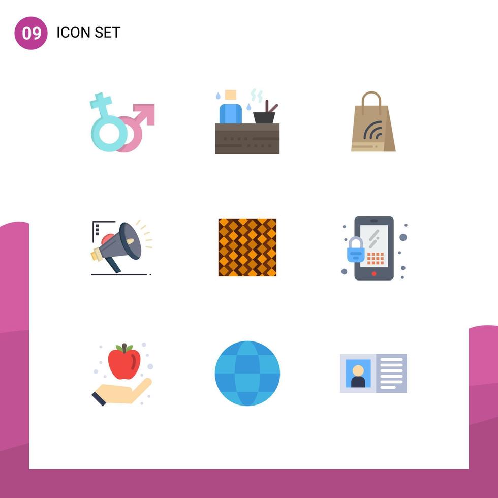 paquete de 9 signos y símbolos modernos de colores planos para medios de impresión web, como elementos de diseño de vectores editables para la comercialización de mosaicos
