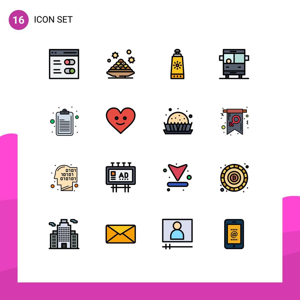 16 User Interface Flat Color Filled Line Pack of modern Signs and Symbols of clipboard school bus dish school bus Editable Creative Vector Design Elements