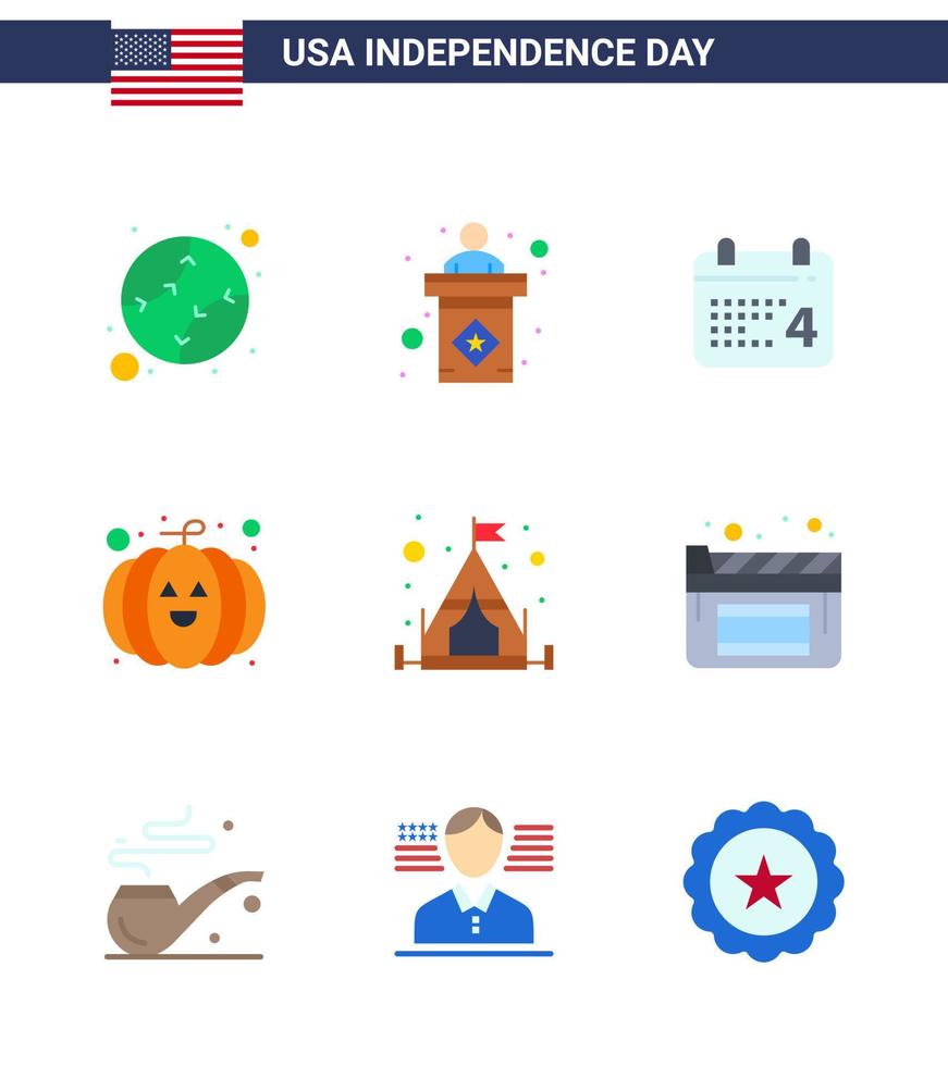 Set of 9 Vector Flats on 4th July USA Independence Day such as tent camp calender festival food Editable USA Day Vector Design Elements
