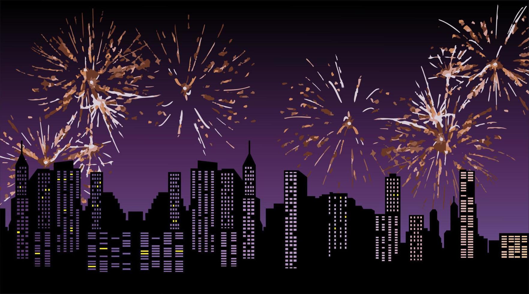 New Years' Eve Background Scene with City Skyline and Fireworks. Vector Illustration
