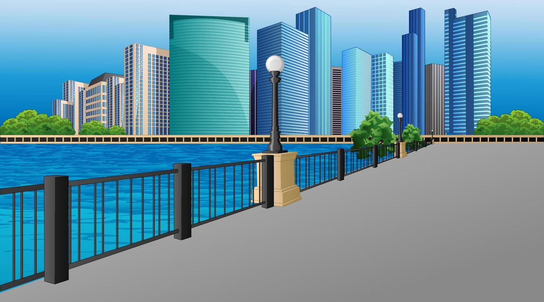 Cityscape Background Scene with Riverside. Vector Illustration