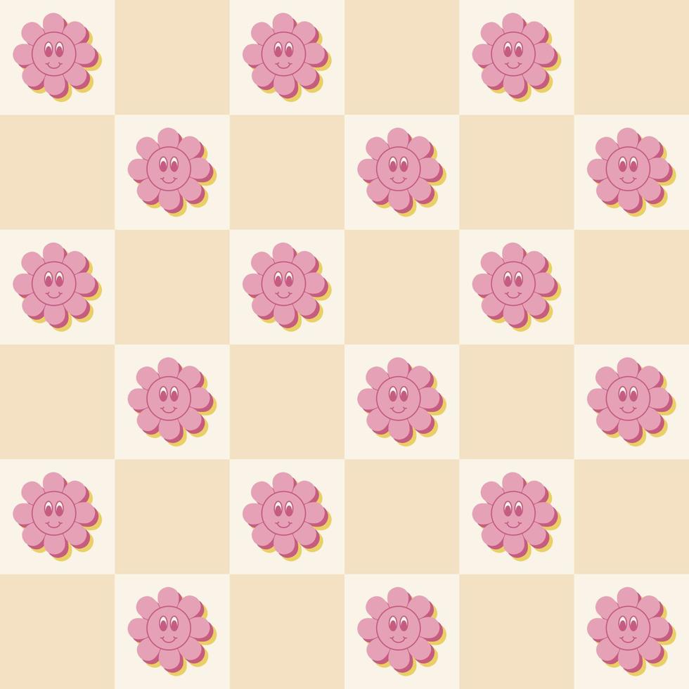 Abstract groovy cute flowers seamless pattern on checkered background in retro hippie style. vector
