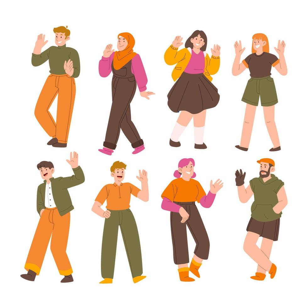 Conjunto de ilustraciones de vectores planos de gesto de saludo de personas. conjunto de representantes de jóvenes agitando la mano. hombres, mujeres con ropa informal, disfraces saludan. hombres, mujeres caucásicas, personas africanas