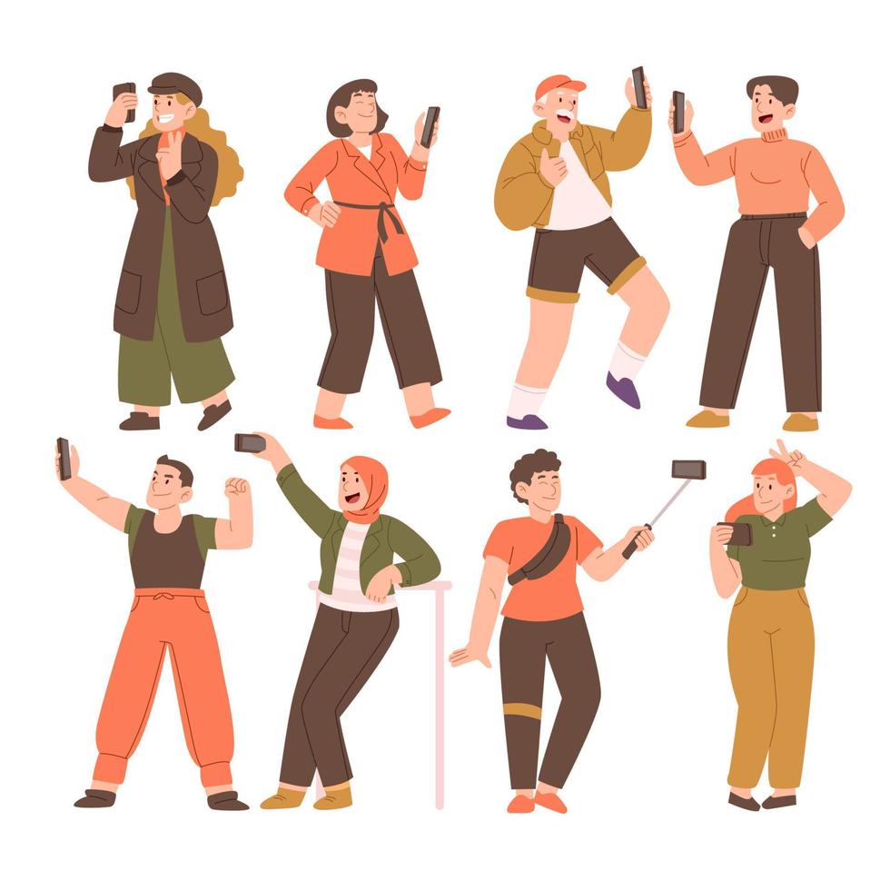 Crowd of young men and women holding smartphones and taking selfie. Group of male and female cartoon characters with mobile phones. Flat vector illustration. Set of Various Selfie Pose Character.