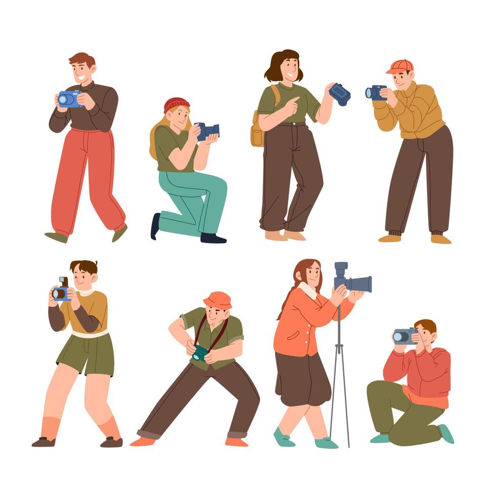Set of various photographers holding photo camera and photographing pose. Creative profession or occupation. Cute female and male cartoon characters take photo shot. vector illustration flat style.