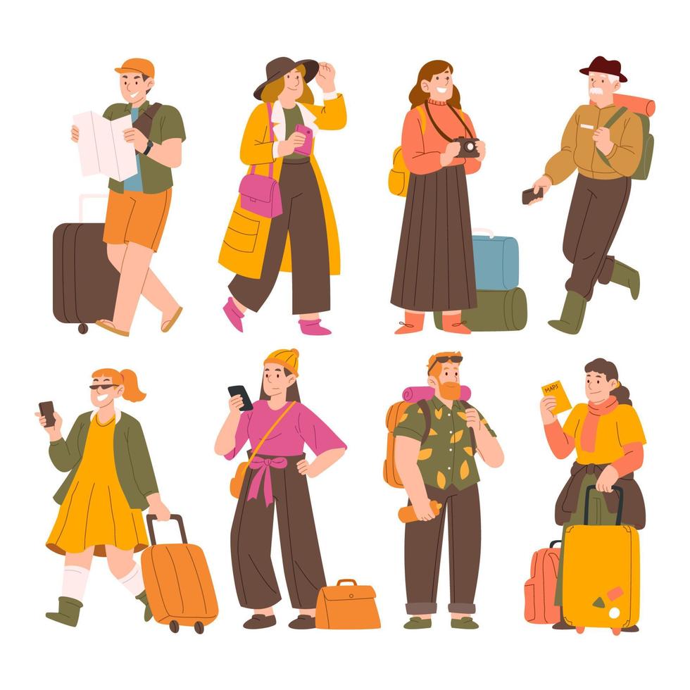 conjunto de personajes turísticos. familia de pareja joven, turistas que viajan con mochilas y bolsos, maletas. vector aislado de personas de vacaciones de verano. ilustración del personaje turístico de verano, mujer y hombre.