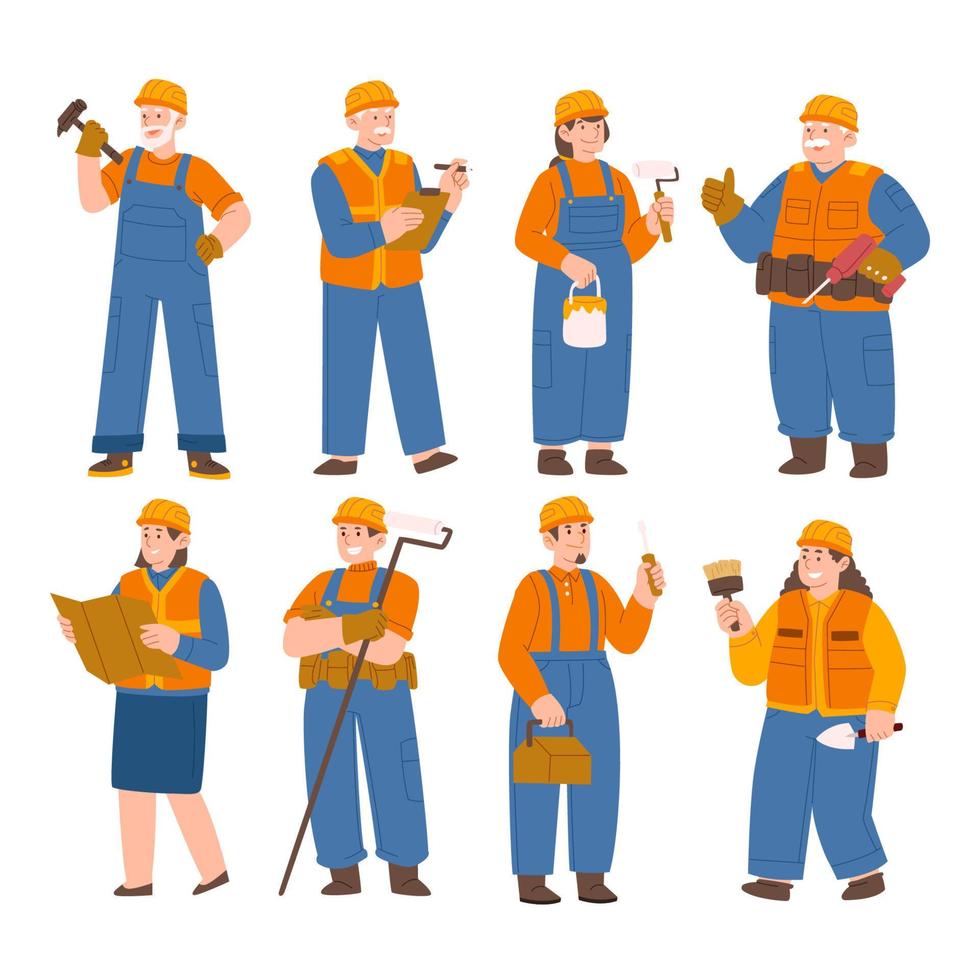 Set of Builder people working character vector design. Presentation in various action with emotions. Business team in protective helmets construction project pose. Surveyor engineers with equipment.