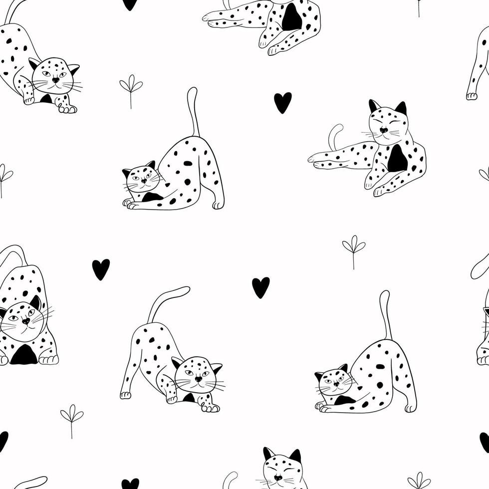 Seamless pattern with cats, hearts and flowers. Cats in different poses. Line cat. Illustration for printing on fabric, clothing, wrapping paper vector