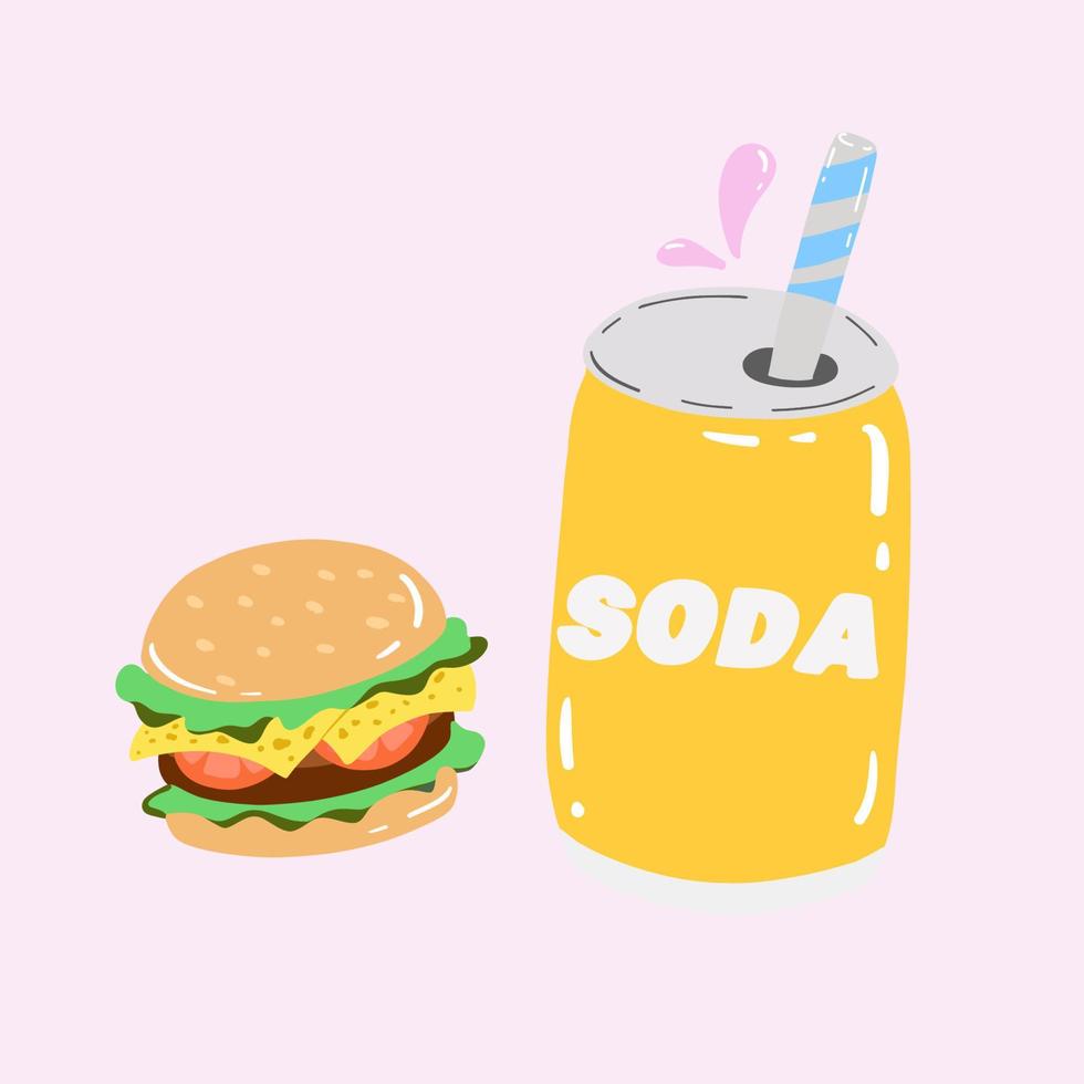 linda ilustración con refresco y hamburguesa. concepto de comida rápida. elementos de diseño gráfico para menú, embalaje, publicidad, afiche. ilustración vectorial aislada vector
