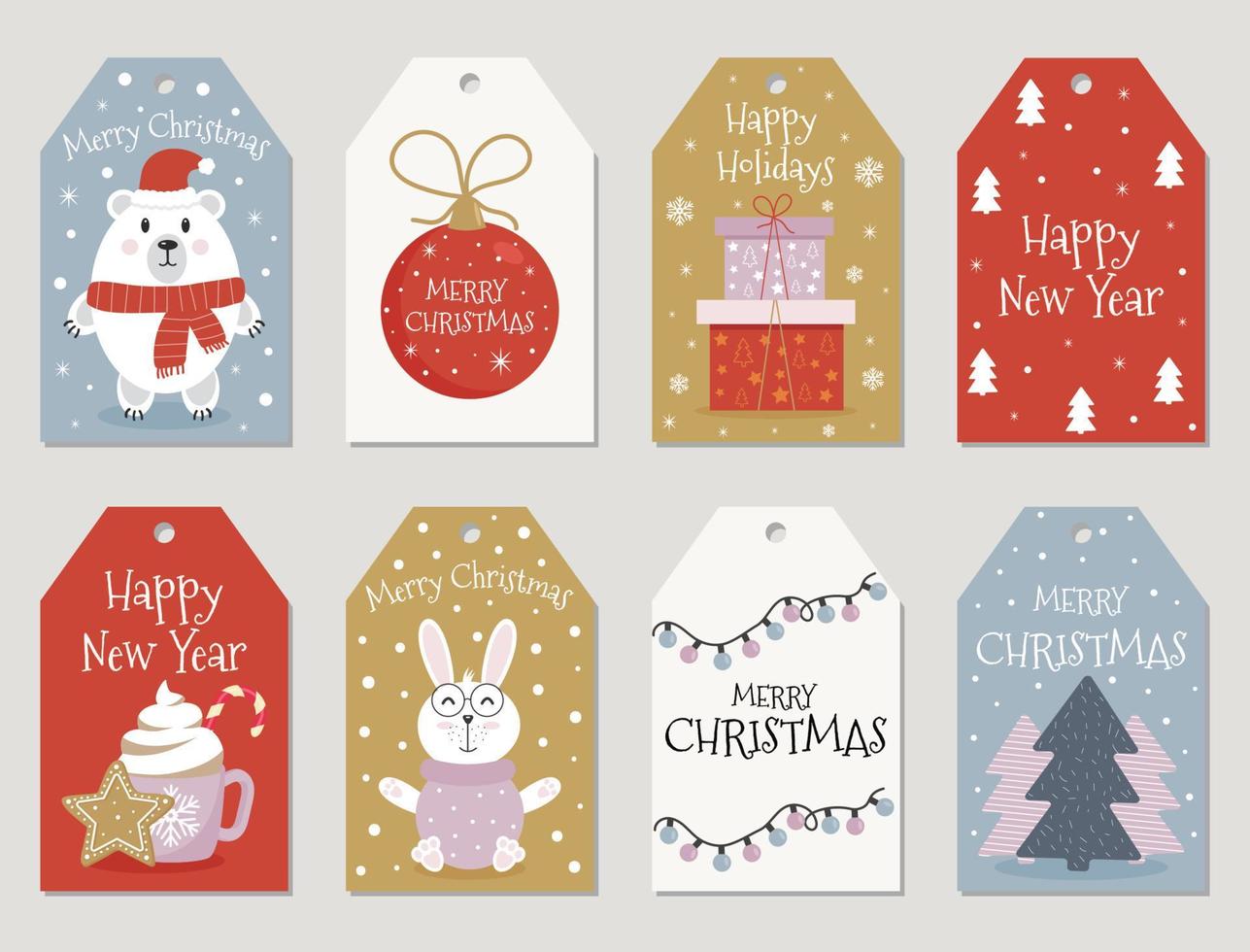 Set of Christmas gift cards or tags with an inscription. Merry Christmas and Happy New Year. Happy Holidays. Template for New Year, gift tag, planner, calendar, scrapbooking, stickers, invitations. vector