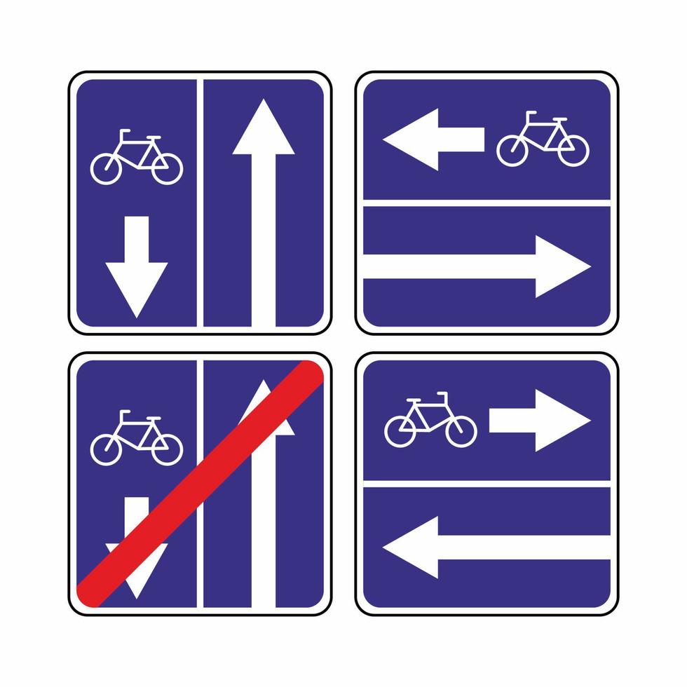 Traffic signs for cyclists set. Road bicycle sign of the direction of movement, prohibition of movement. Route for pedal bikes template. Vector illustration in flat style.