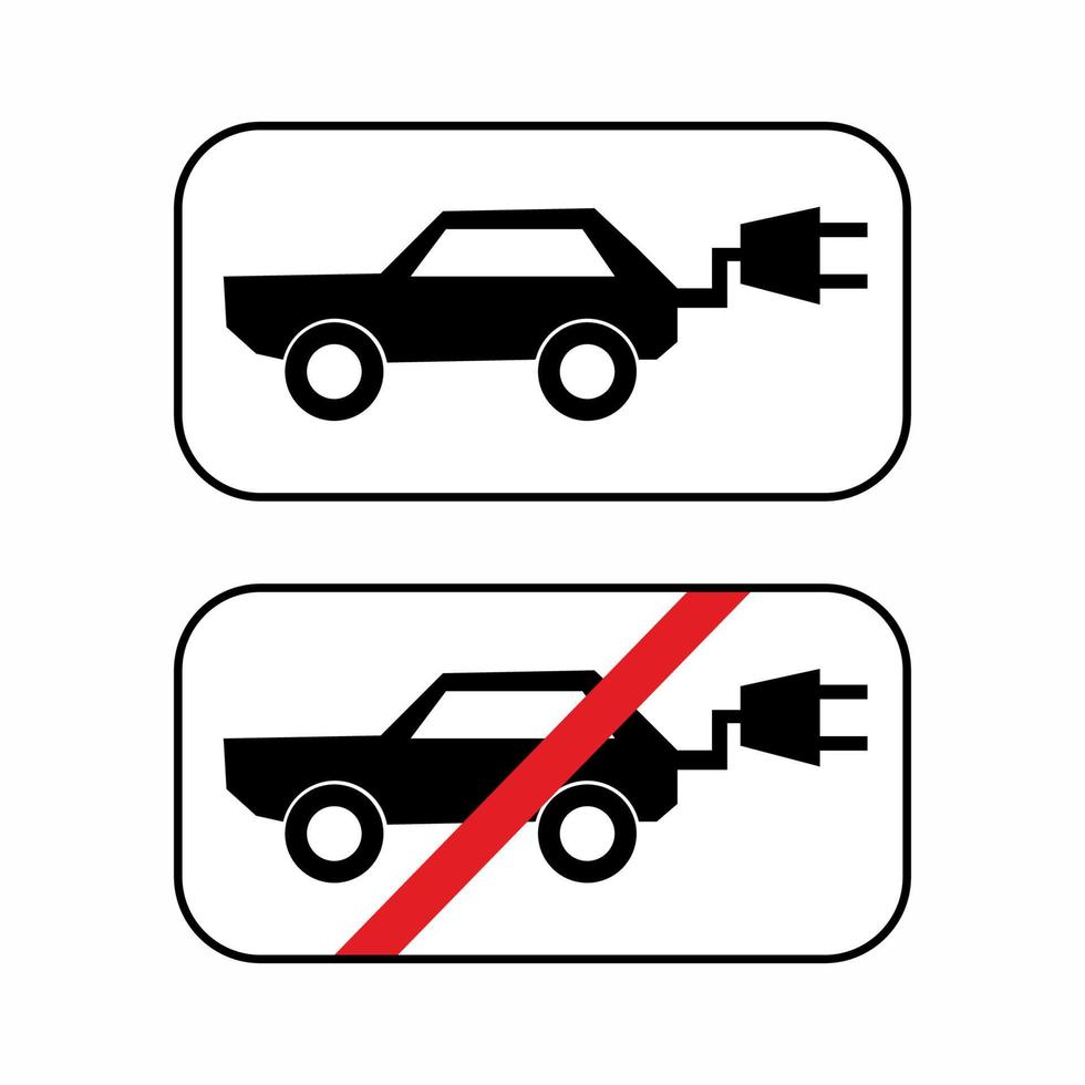 las reglas de tráfico firman un coche eléctrico. coche eléctrico y sin señal de coche eléctrico sobre fondo blanco. signo que indica la prohibición o regla. plantilla horizontal. ilustración vectorial en estilo plano. vector