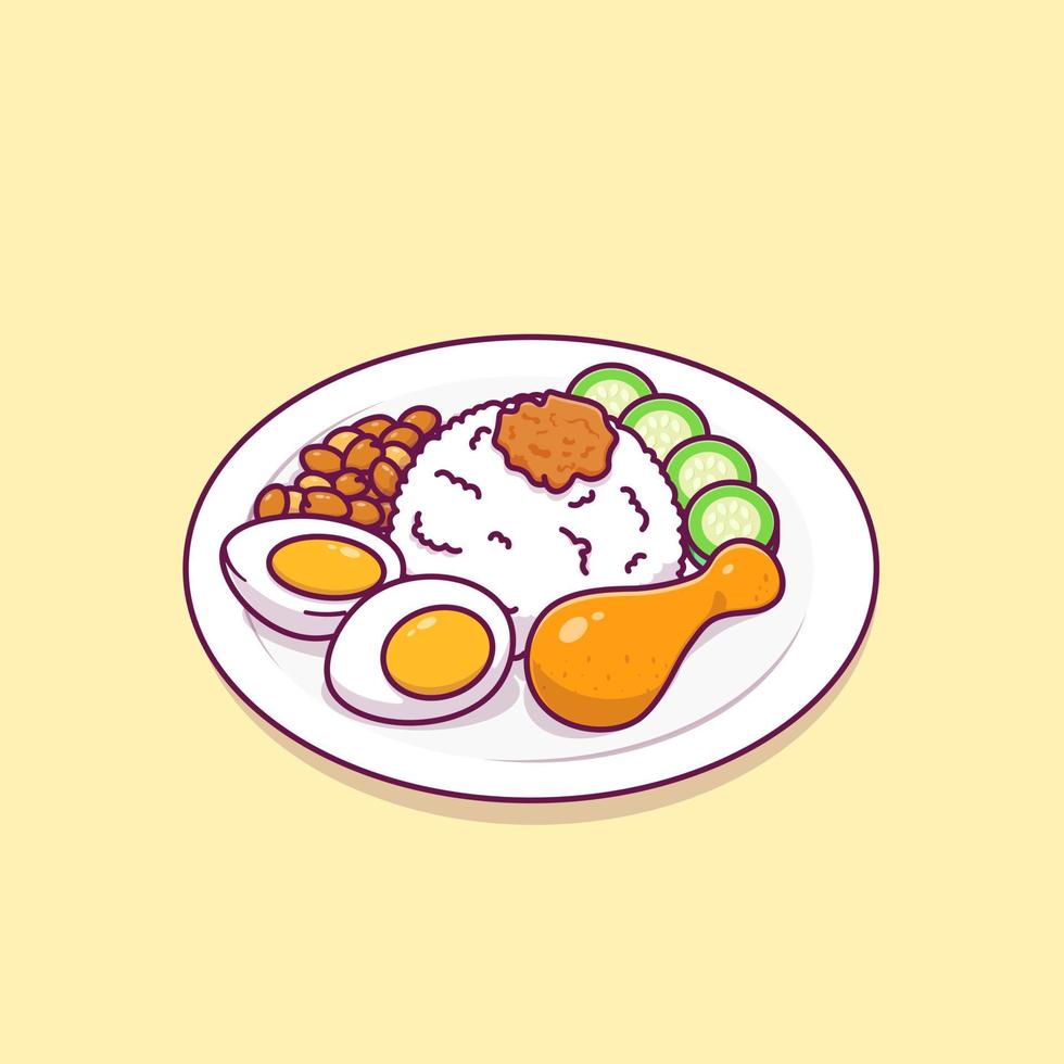 nasi uduk con vector de dibujos animados de huevo, pollo, maní y pepino