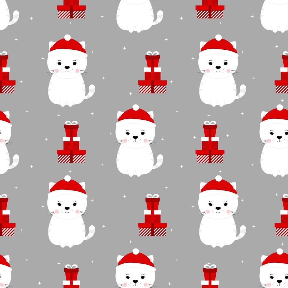 Cute cats with red hat. Christmas seamless pattern with gifts and cats vector