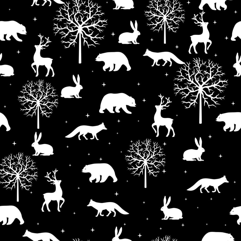 Animals winter seamless pattern. Christmas seamless pattern with bears, deers, foxes, hares and tree vector