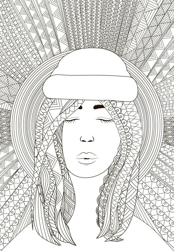Coloring page for adults with boho elements pattern and pretty girl vector
