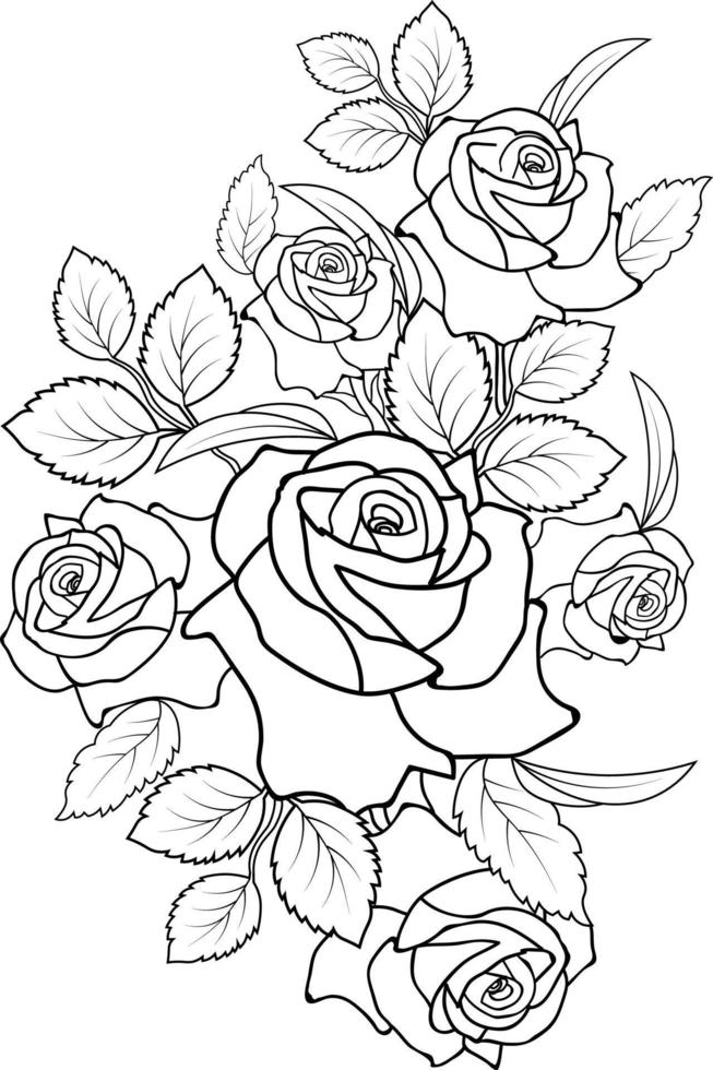 A hand-drawn rose flower coloring book of vector illustration artistic, blossom  flowers narcissus isolated on white background, sketch art leaf branch botanic collection for adults and children