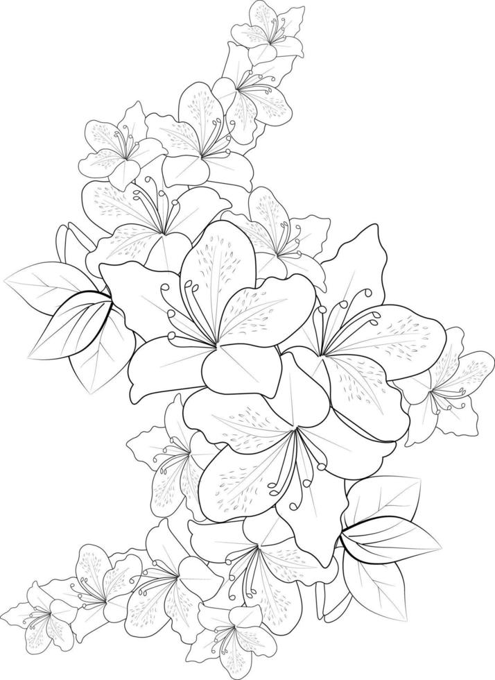 Hand drawn beautiful Evergreen Azalea Rani,flower bouquets of floral sketch art, vector illustration, coloring page for adults.