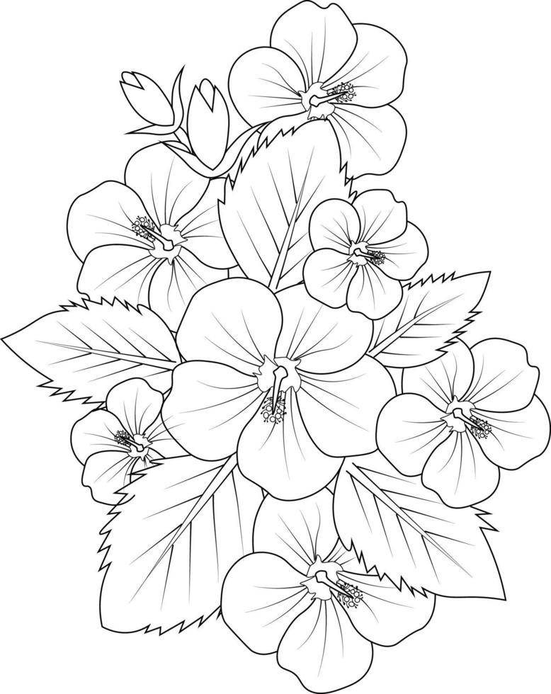 conjunto de una flor de hibisco estilizada decorativa aislada sobre fondo blanco. ilustración vectorial muy detallada, garabatos y estilo zen, diseño de tatuajes vector