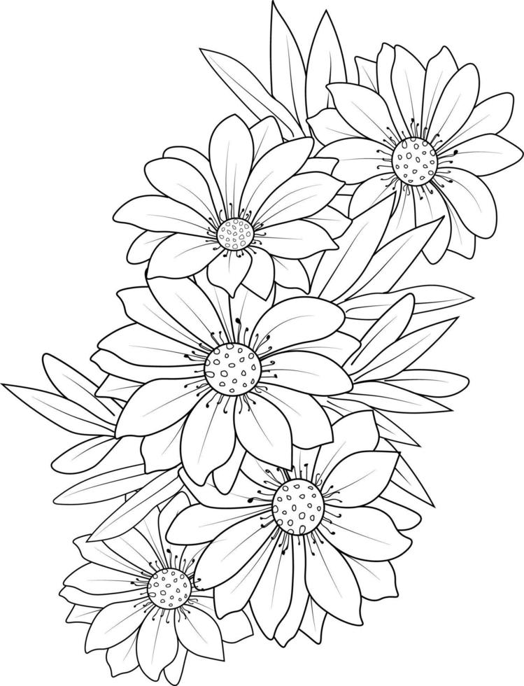 ramo de gerbara daisy flor dibujo a lápiz dibujado a mano página para colorear y libro para adultos aislado sobre fondo blanco tatuaje de elemento floral, arte de tinta de ilustración. vector
