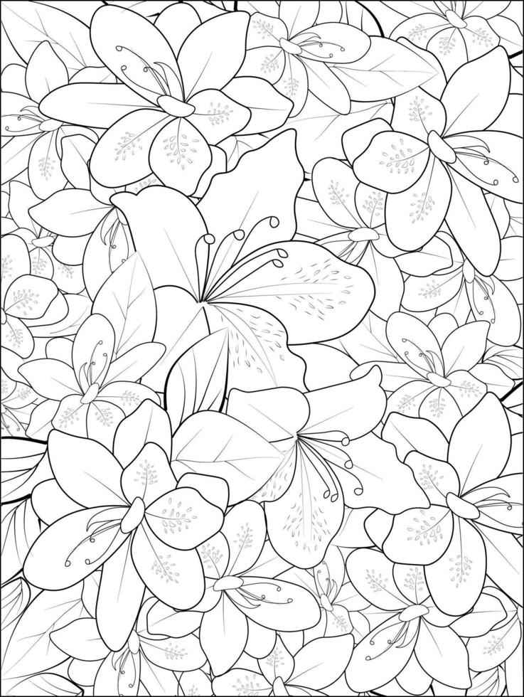dibujado a mano hermosa azalea rani perenne, siluetas de flores de flores silvestres de líneas simples artes en un libro de color de diseño de fondo blanco. vector
