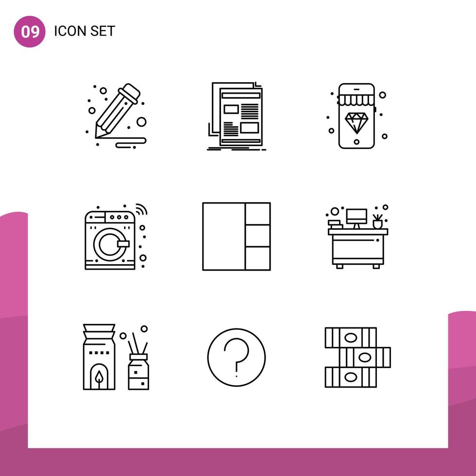 Set of 9 Commercial Outlines pack for desk grid mobile washing machine Editable Vector Design Elements