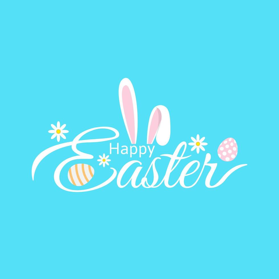 Happy Easter typography design with bunny ears, egg and flowers. suitable for greeting card, banner, poster, etc. vector illustration