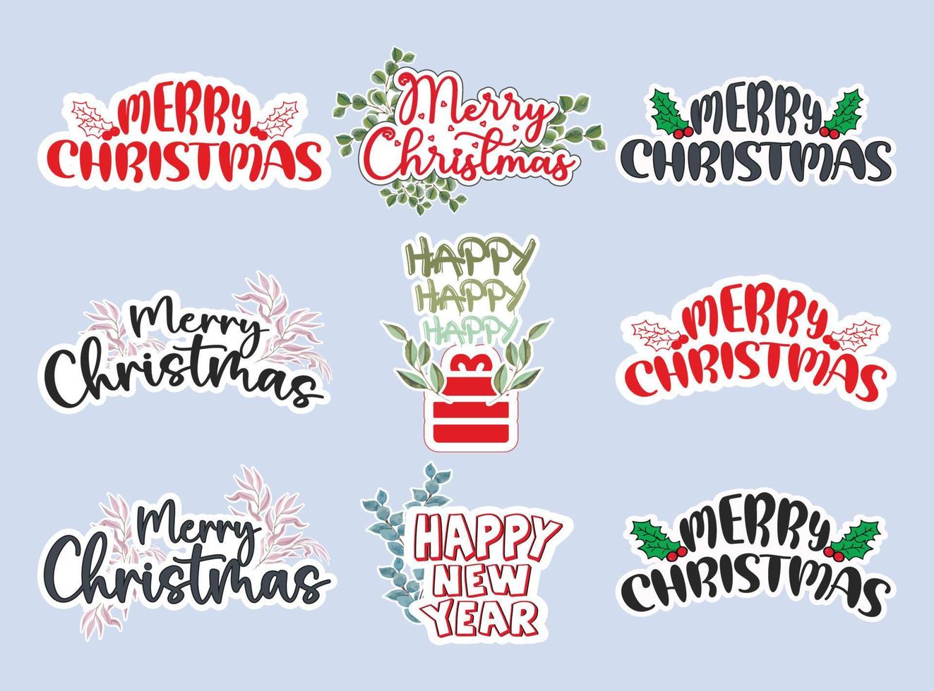 Merry Christmas typography sticker set with beautiful watercolor floral leaves vector design template