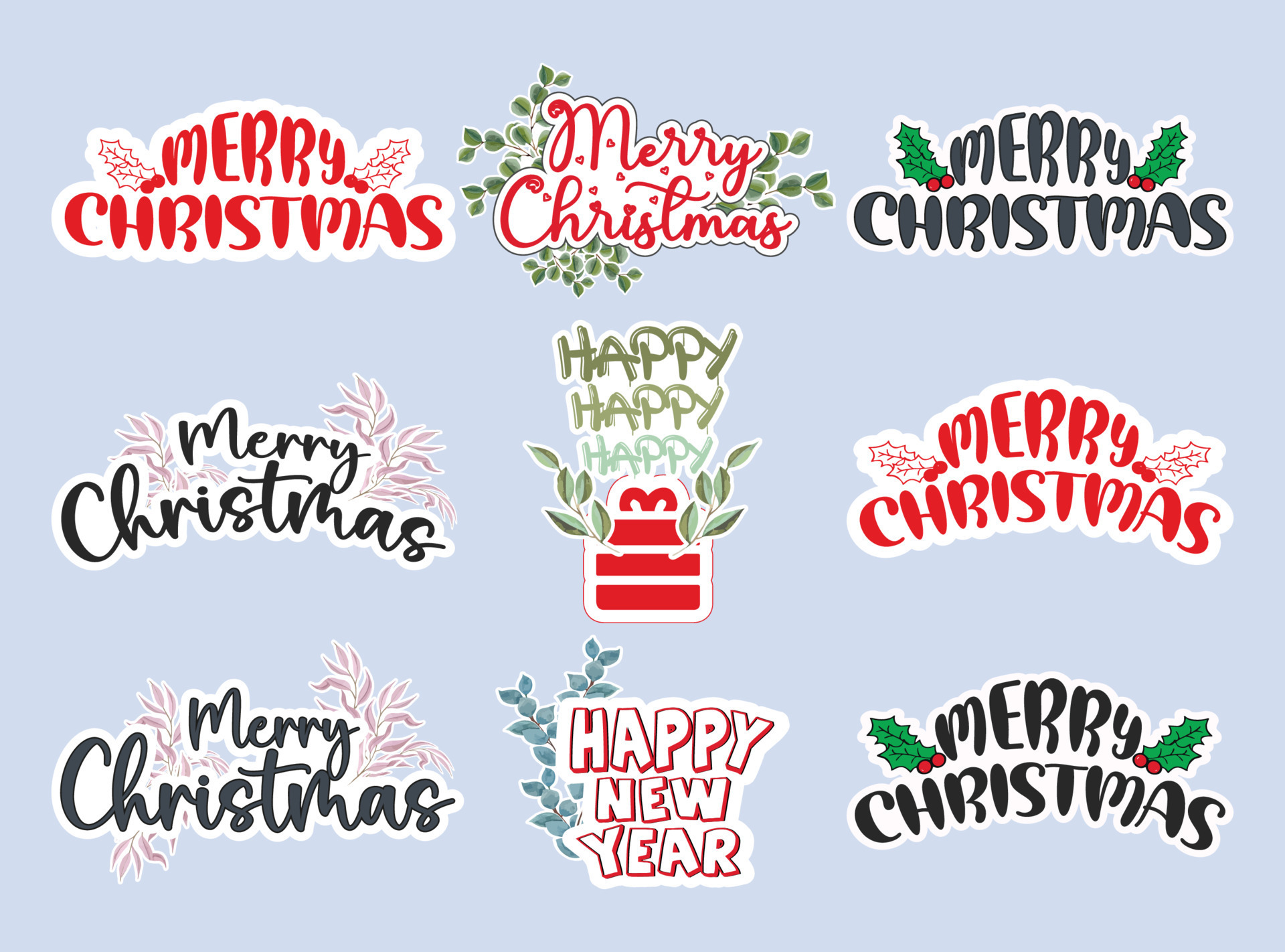 Merry Christmas typography sticker set with beautiful watercolor floral