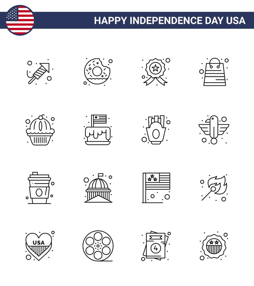 Happy Independence Day USA Pack of 16 Creative Lines of muffin shop badge packages bag Editable USA Day Vector Design Elements