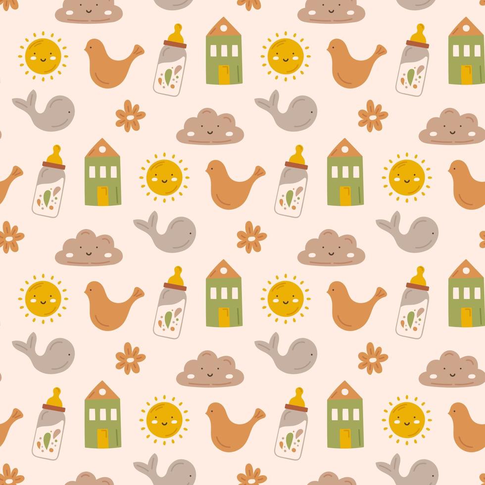 Seamless pattern of cute toys. Beige cartoon boho background. For textile, fabric, postcard, poster vector