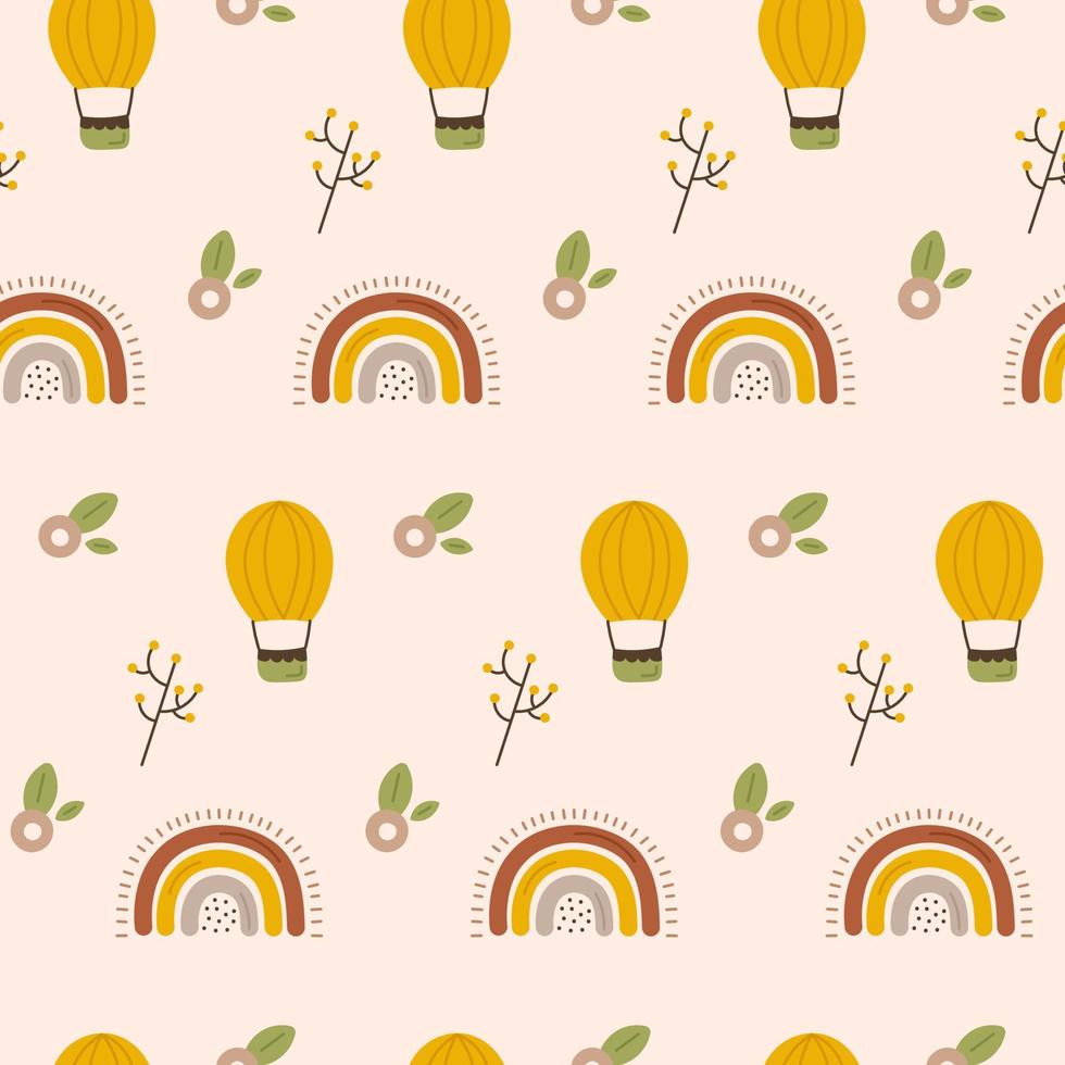 Seamless pattern of cute baby elements. Beige cartoon boho background with flower and rainbow. For textile, fabric, postcard, poster vector