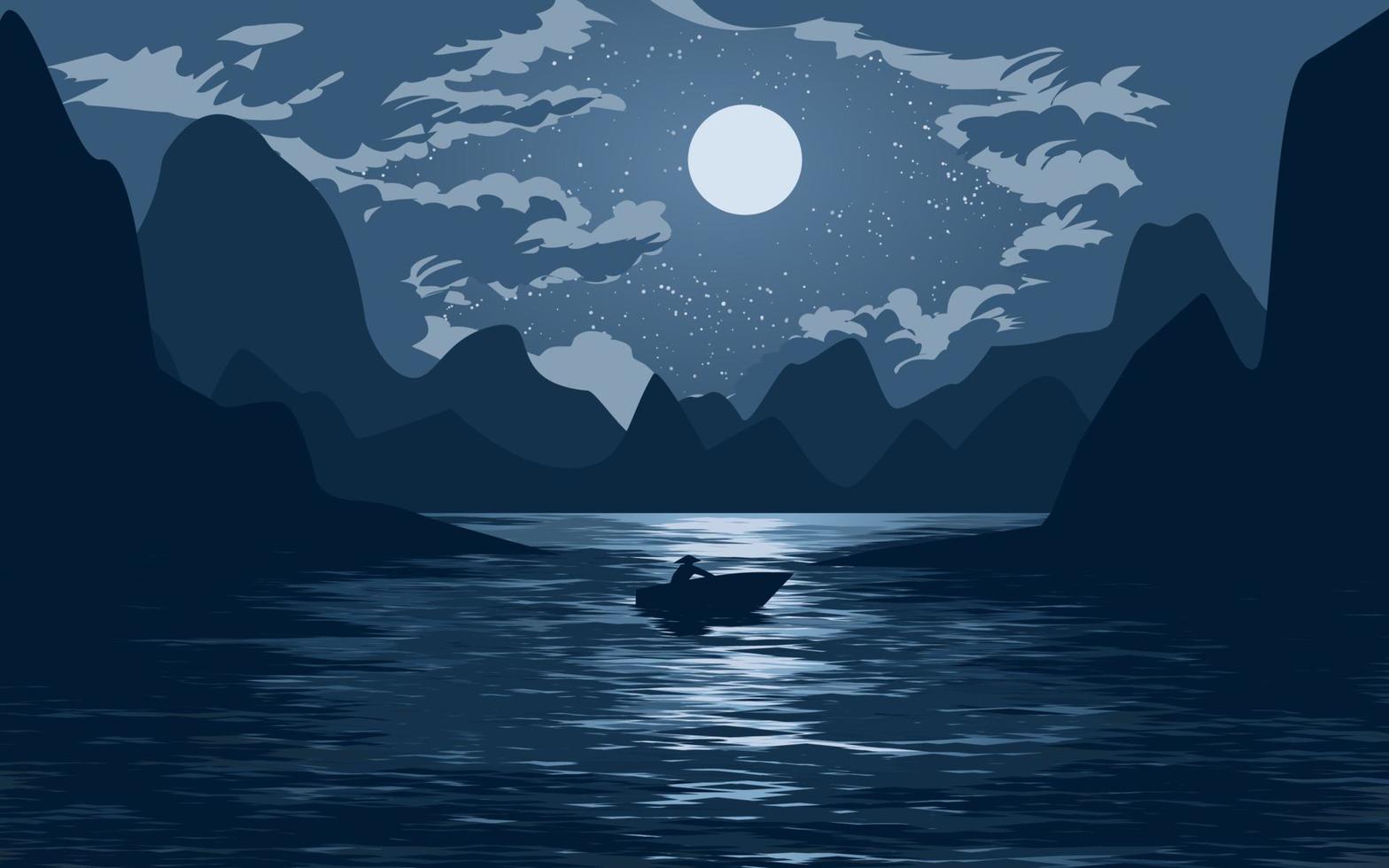 Peaceful calm night landscape over the river. Vector night scenery ...