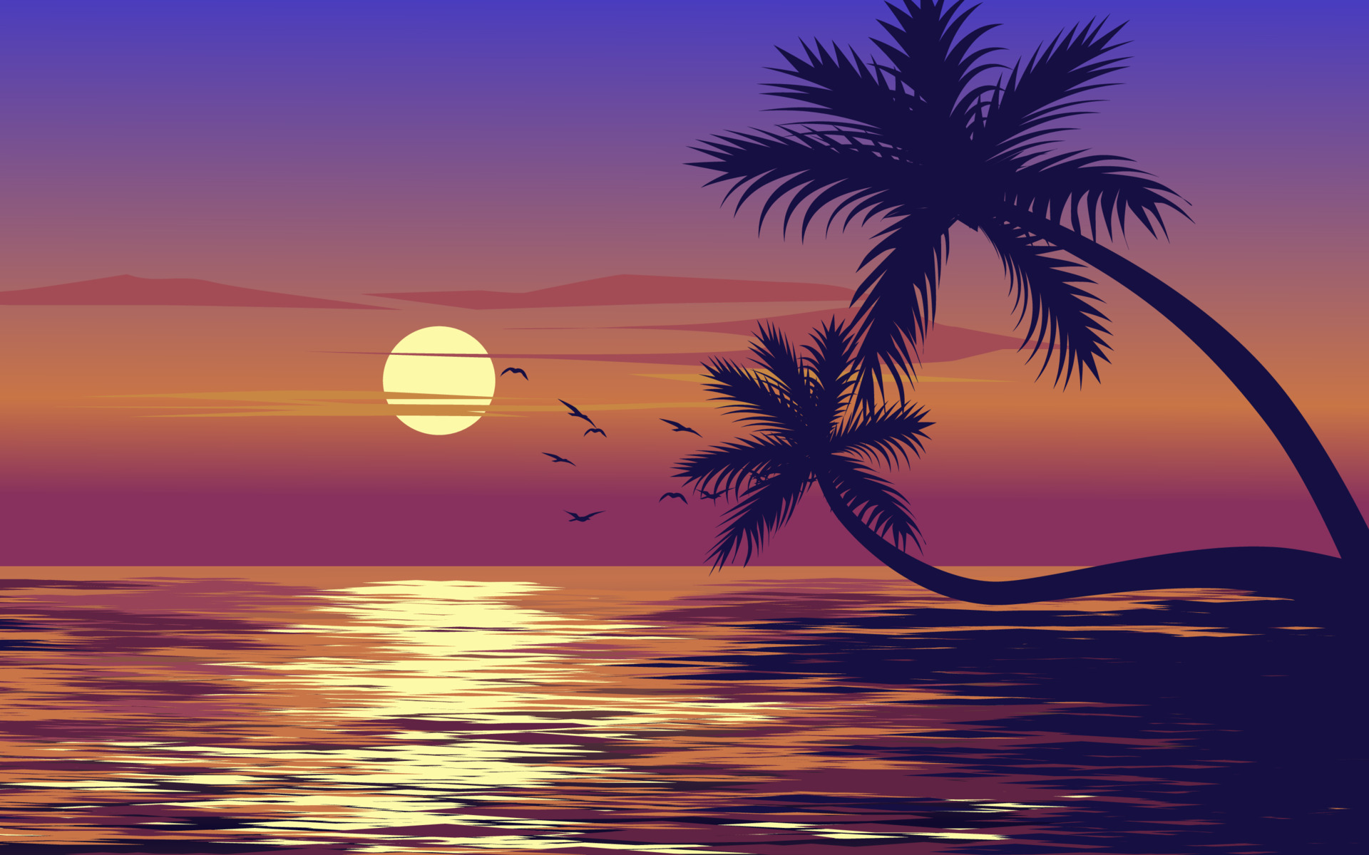 Sunset scenery with sea view and palm trees. Vector landscape ...