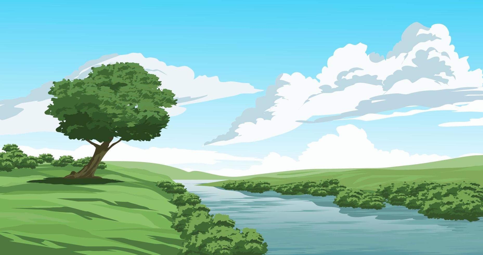 Sunny day landscape in rural countryside with river. Vector scenery illustration