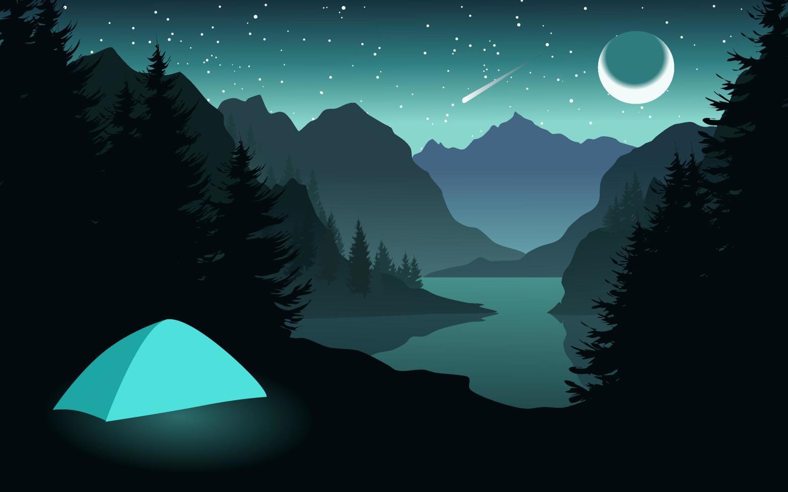 Night landscape in the mountain with camp. Vector scenery illustration