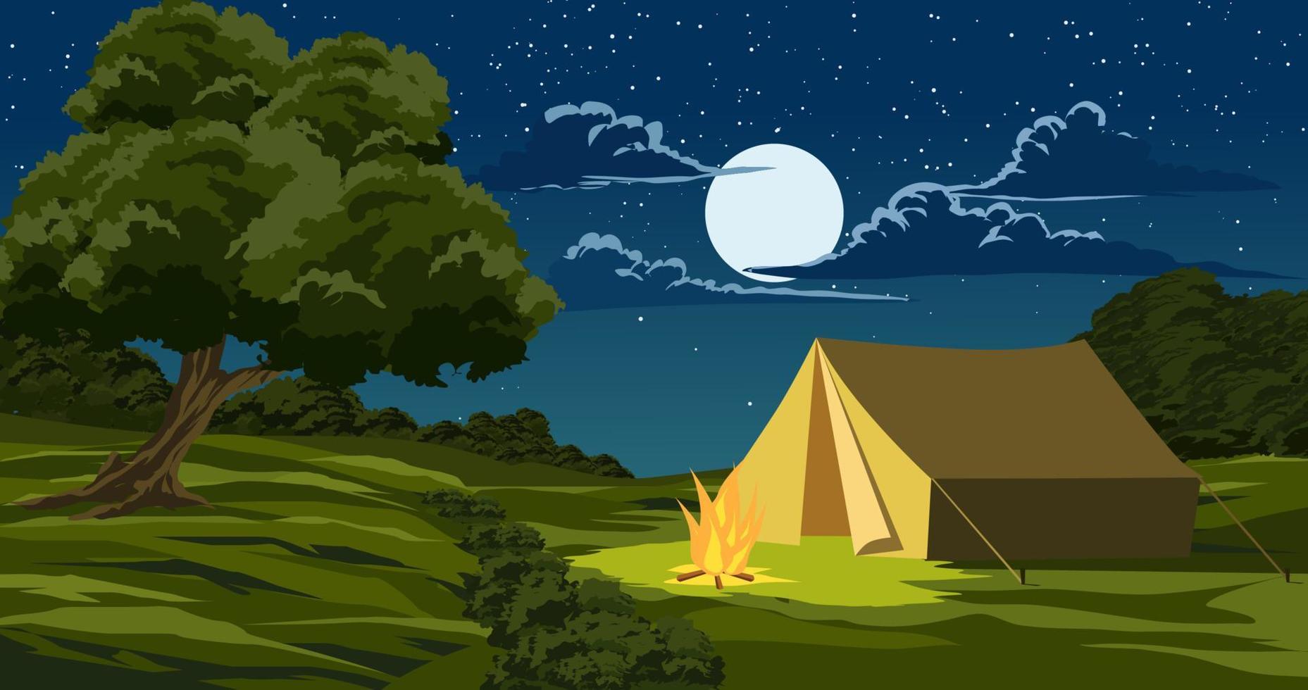 Night landscape in forest with camp full moon. Vector scenery illustration