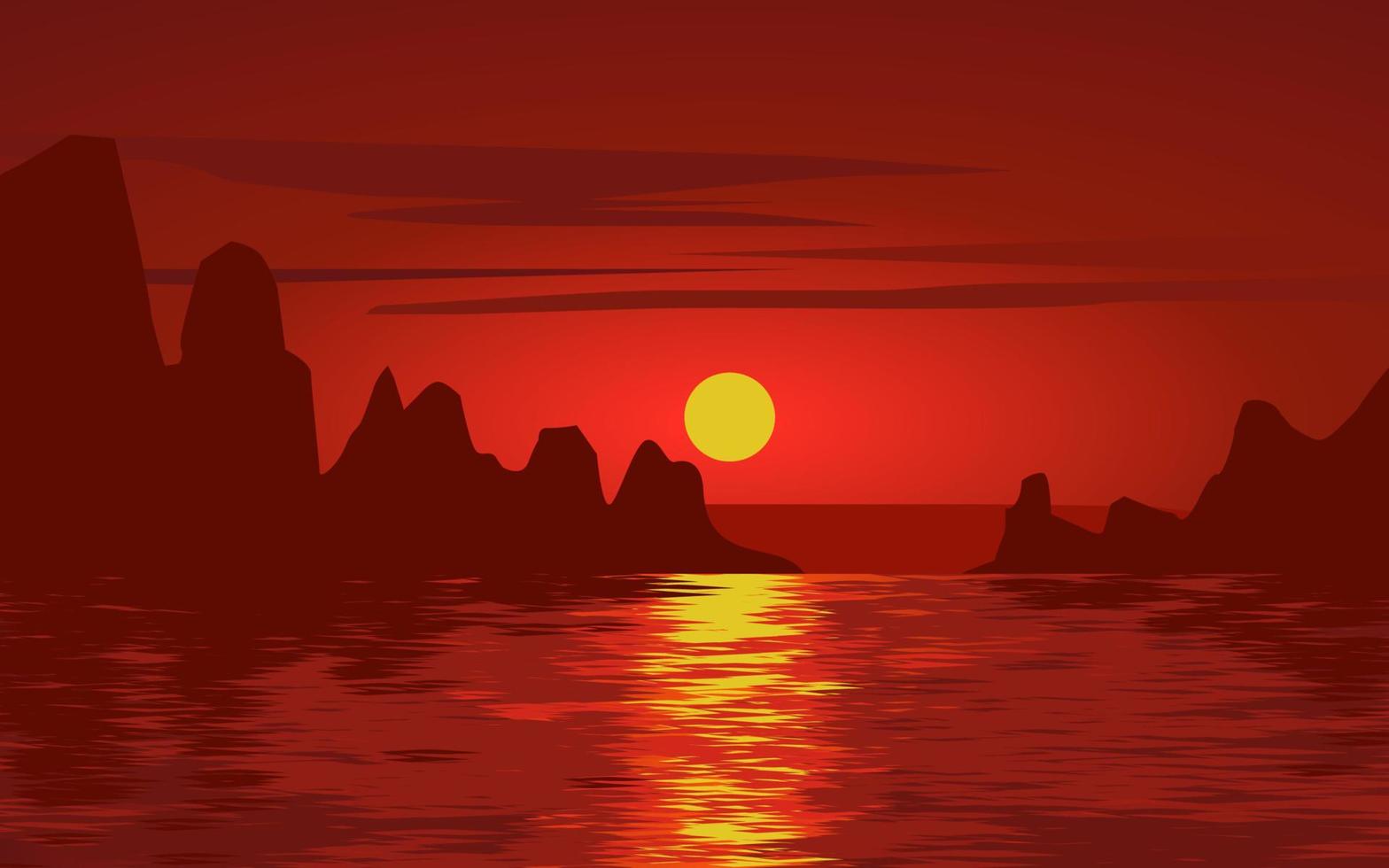 Peaceful sunset scenery over river. Vector landscape illustration